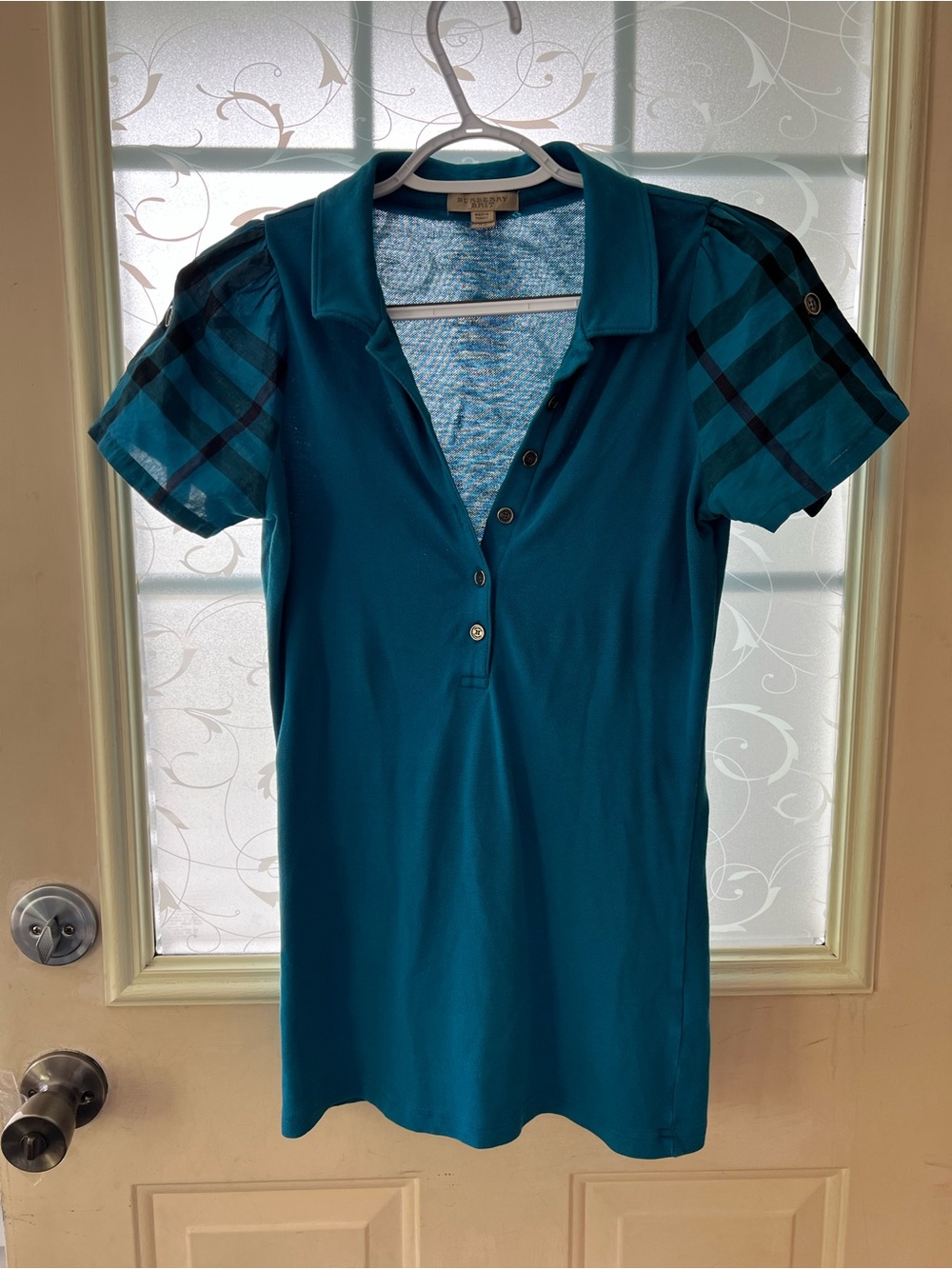 Burberry Brit XS short plaid puffed sleeve turquoise polo shirt.